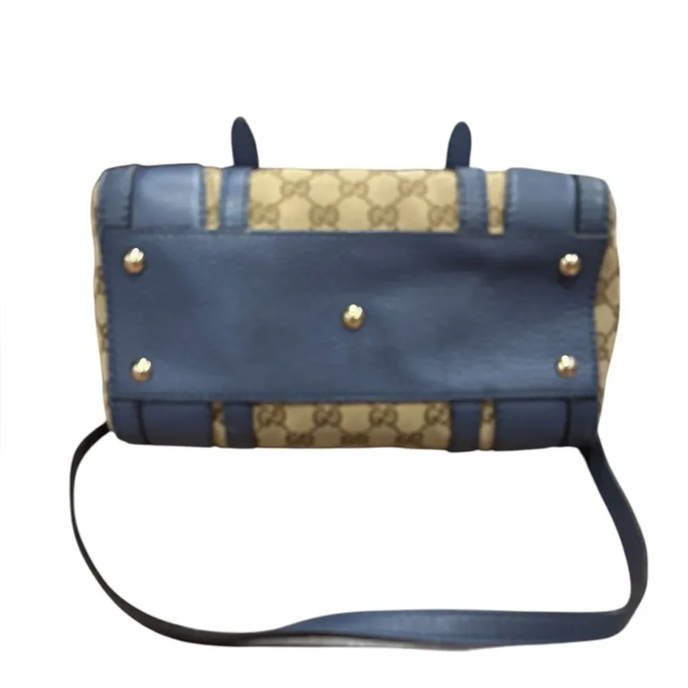 GUCCI Beige Brown GG Canvas Blue Leather Trim Small Belted 2way Boston Bag